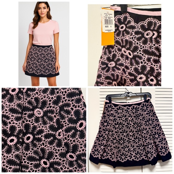 NWT CYNTHIA STELLE Floral Eyelet Embroidered Pleated Black Pink Skirts Size 6 - Picture 1 of 9